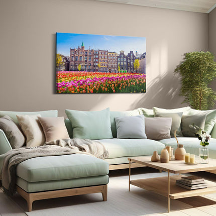 Canvas schilderij woonkamer Amsterdamse Huisjes Met Tulpen - Kleur