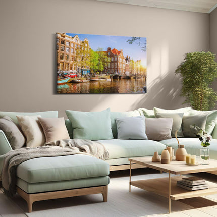 Canvas schilderij woonkamer Amsterdamse Gracht Tijdens Zonsondergang