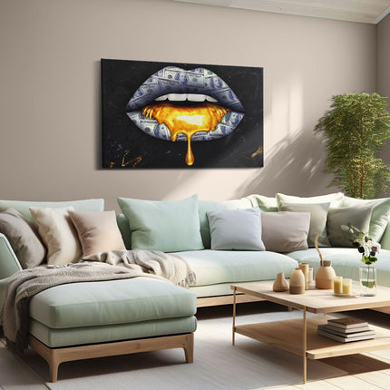 Canvas schilderij woonkamer Dollar Lippen Met Goud