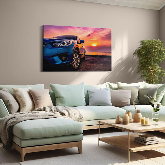 Canvas schilderij woonkamer Blauwe Sportwagen Auto Bij Zonsondergang
