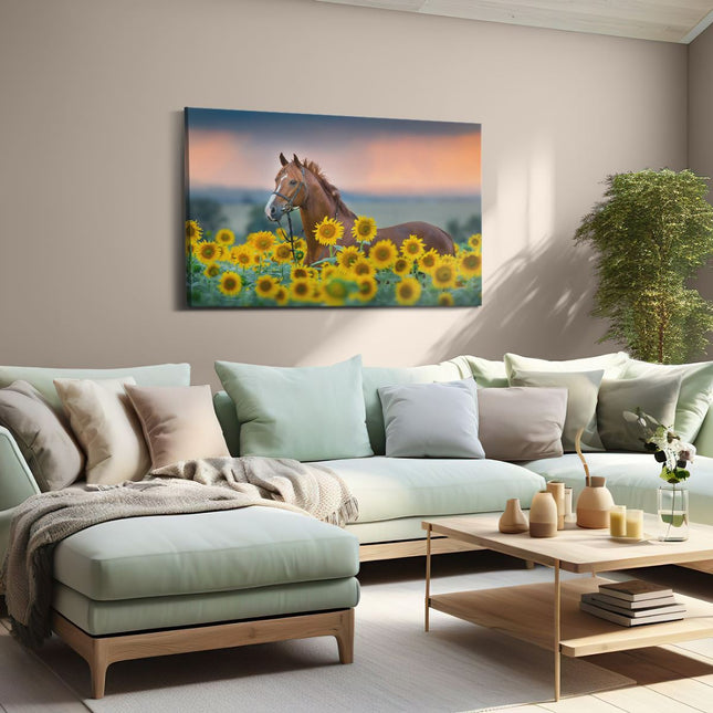 Canvas schilderij woonkamer Bruin Paard Tussen De Zonnebloemen