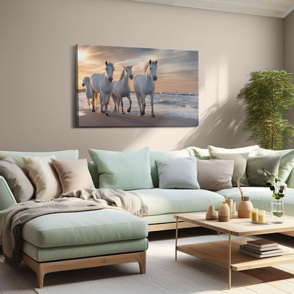 Canvas schilderij woonkamer Witte Paarden Op Het Strand Bij Water