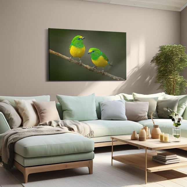 Canvas schilderij woonkamer Twee Groen Gele Zangvogels Op Een Tak
