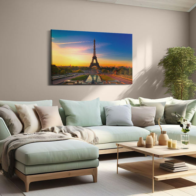Canvas schilderij woonkamer Parijs Eiffeltoren Tijdens De Zonsopkomst
