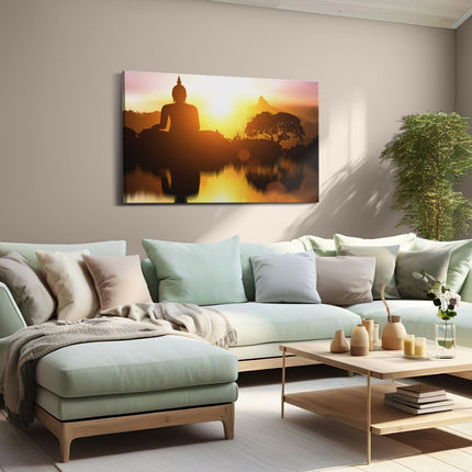 Canvas schilderij woonkamer Silhouet Van Boeddha Beeld Met Zonsondergang