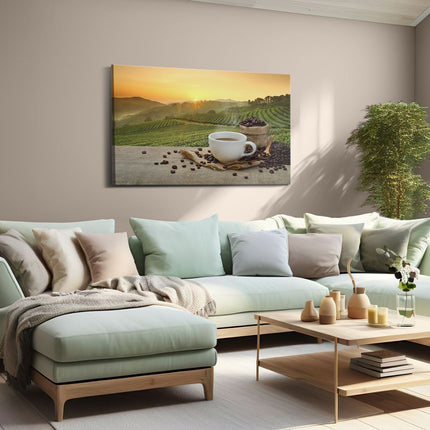 Canvas schilderij woonkamer Kopje Koffie Op Een Plantage Achtergrond6