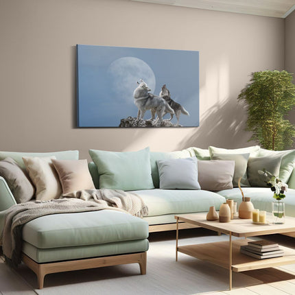 Canvas schilderij woonkamer Twee Wolven Die Huilen Tijdens Volle Maan
