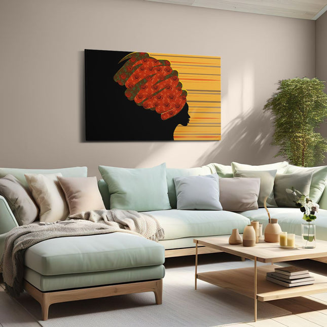Canvas schilderij woonkamer Afrikaanse Vrouw Met Bloemen Tulband - Abstract