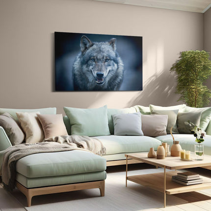 Canvas schilderij woonkamer Wolvenkop Met Blauwe Ogen - Wolf