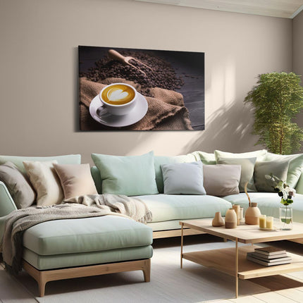 Canvas schilderij woonkamer Kopje Koffie In Een Hartje Met Koffiebonen