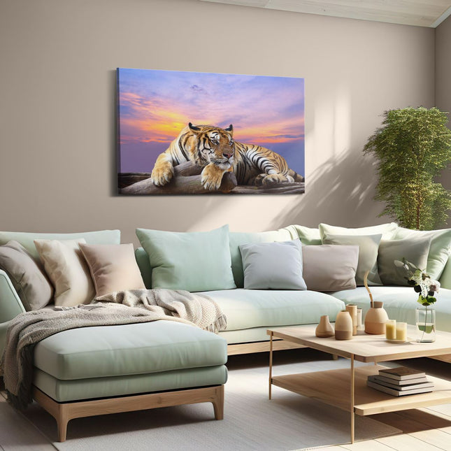 Canvas schilderij woonkamer Tijger Tijdens Zonsondergang