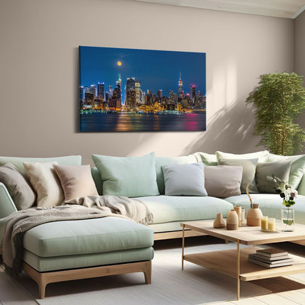 Canvas schilderij woonkamer Verlichte Skyline Van New York Met Volle Maan