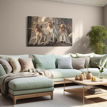 Canvas schilderij woonkamer Drie Kleine Apen Naast Elkaar