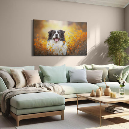 Canvas schilderij woonkamer Blije Hond Tussen De Bloemen