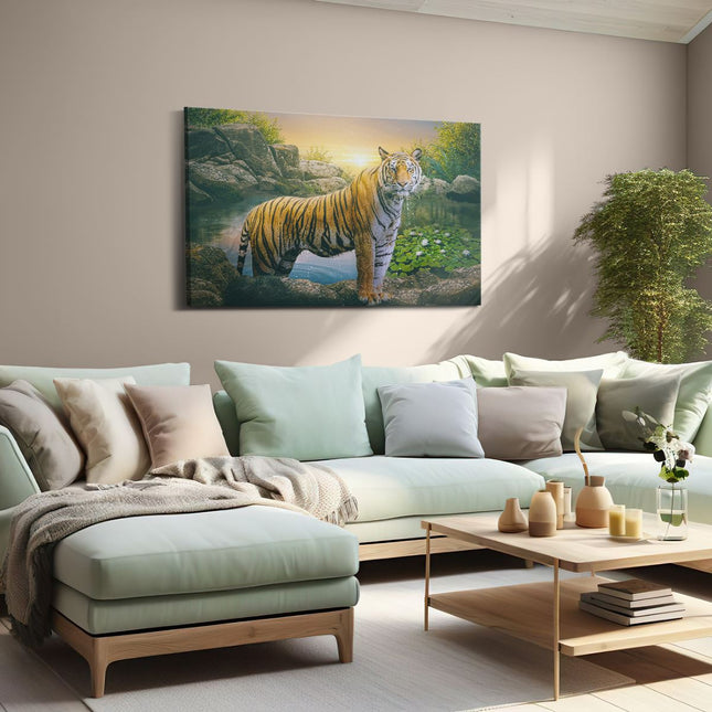 Canvas schilderij woonkamer Luipaard In Een Vijver Bij Zonsondergang