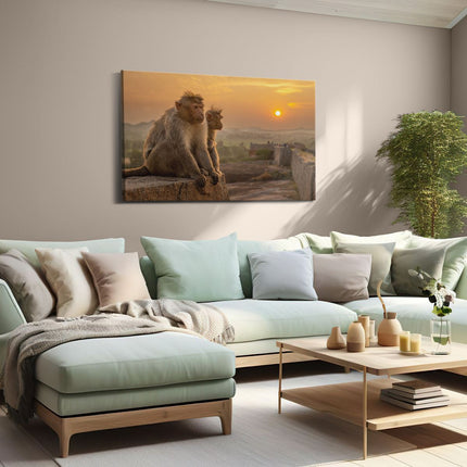 Canvas schilderij woonkamer Twee Apen Bekijken De Zonsondergang