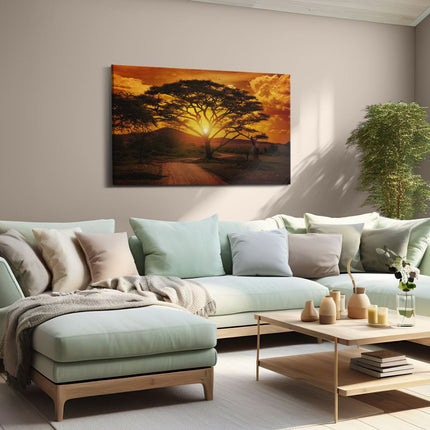 Canvas schilderij woonkamer Zonsondergang Achter Een Savanne Boom