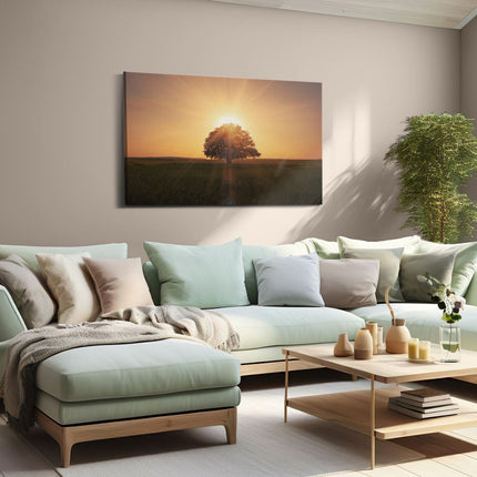 Canvas schilderij woonkamer Zonsondergang Achter Een Grote Boom