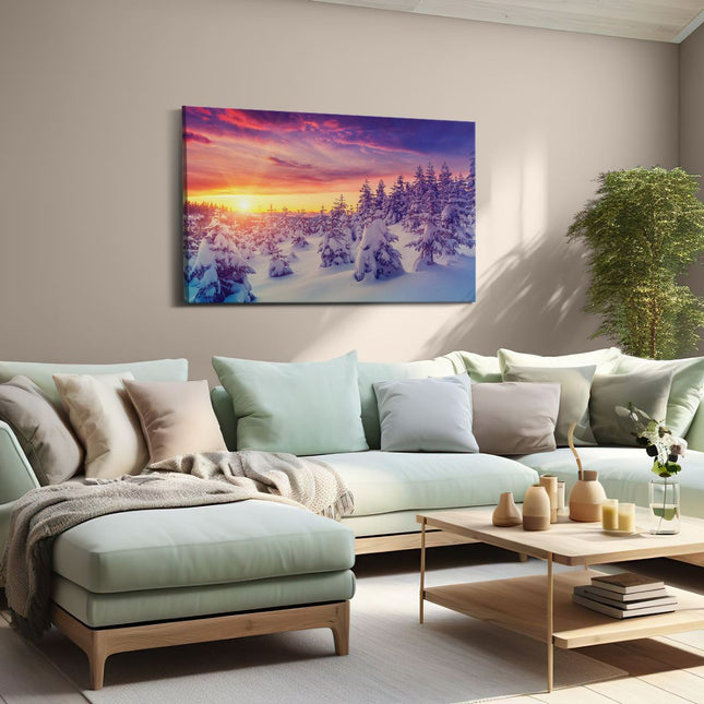Canvas schilderij woonkamer Zonsondergang In Het Sneeuw Bos 