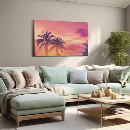 Canvas schilderij woonkamer Tropische Palmbomen Met Zonsondergang