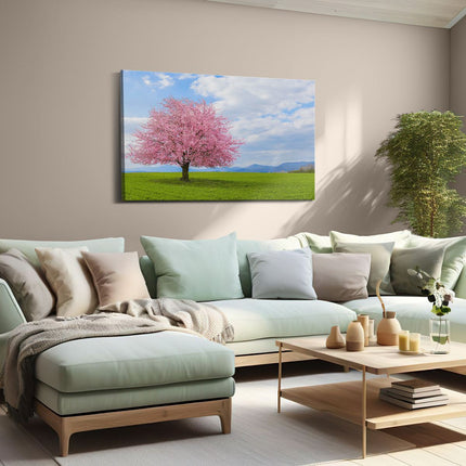 Canvas schilderij woonkamer Roze Sakura Bloesem Boom In Het Groene Veld
