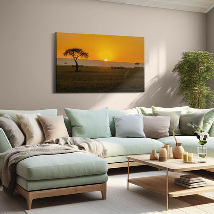 Canvas schilderij woonkamer Zonsopgang In De Savanne Met Een Boom