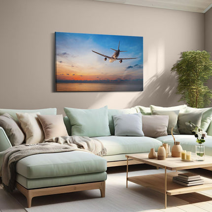 Canvas schilderij woonkamer Vliegtuig Boven De Zee Bij Zonsondergang