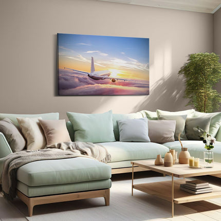 Canvas schilderij woonkamer Vliegtuig In De Wolken Bij Zonsondergang