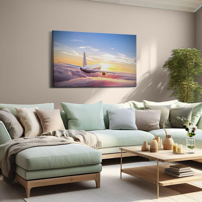 Canvas schilderij woonkamer Vliegtuig In De Wolken Bij Zonsondergang