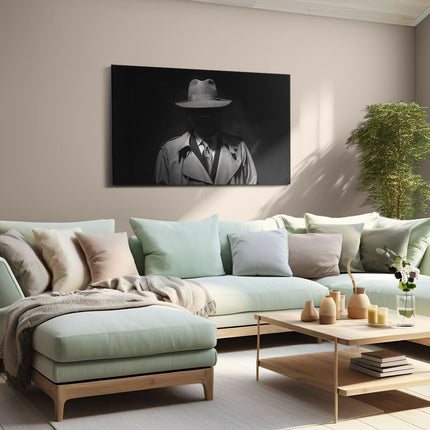 Canvas schilderij woonkamer Man Met Een Hoedje In Het Donker - Zwart Wit