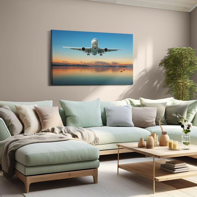 Canvas schilderij woonkamer Vliegtuig Vliegt Boven Een Kleurrijke Zee