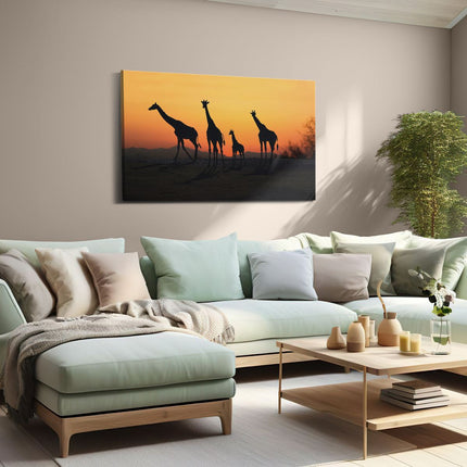 Canvas schilderij woonkamer Vier Giraffe Silhouetten Bij Zonsondergang