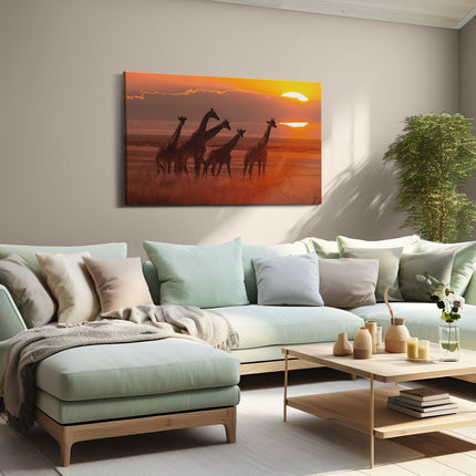 Canvas schilderij woonkamer Giraffe Kudde Bij Zonsondergang