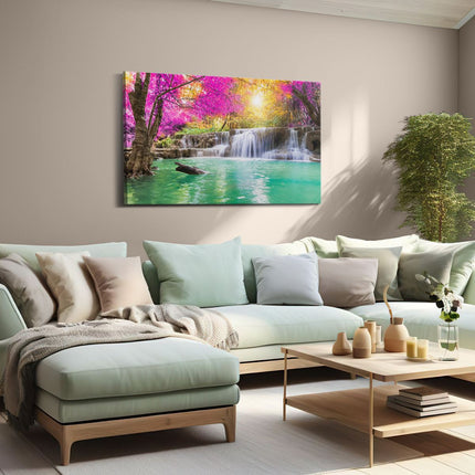 Canvas schilderij woonkamer Waterval Met Groen Water En Roze Bladeren