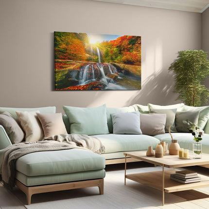 Canvas schilderij woonkamer Waterval In De Herfst Kleuren