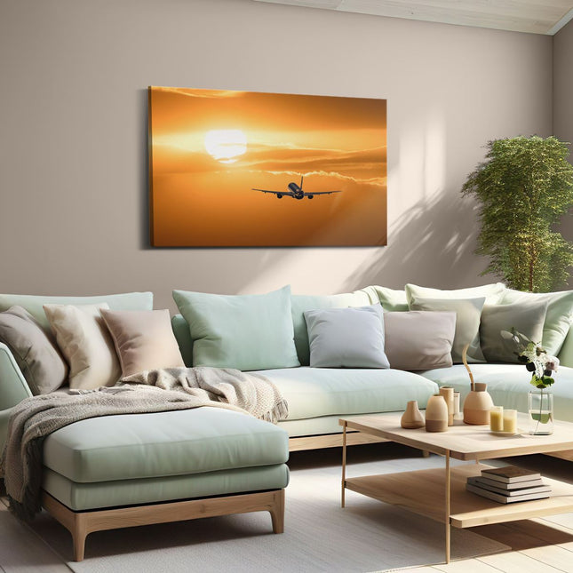 Canvas schilderij woonkamer Vliegtuig Bij Zonsondergang