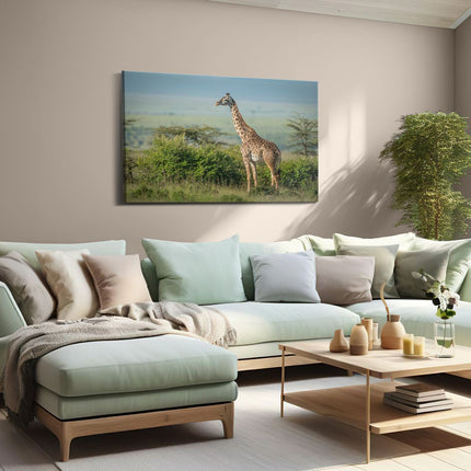 Canvas schilderij woonkamer Giraffe In Het Wild Tussen De Struiken