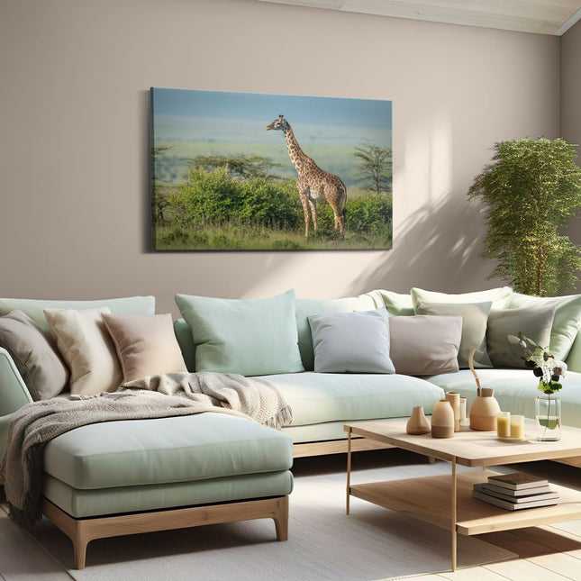 Canvas schilderij woonkamer Giraffe In Het Wild Tussen De Struiken