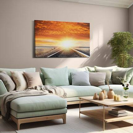 Canvas schilderij woonkamer Rails Spoorweg Bij Zonsondergang