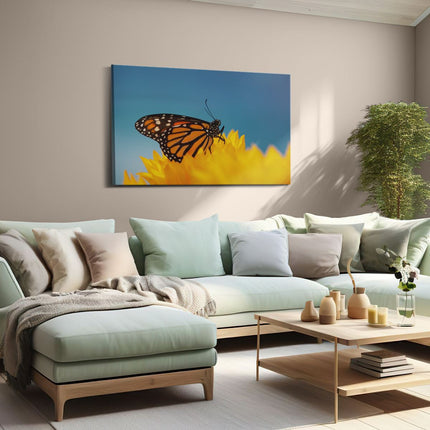 Canvas schilderij woonkamer Oranje Vlinder Bij Een Zonnebloem