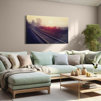 Canvas schilderij woonkamer Spoorweg Rails Tijdens De Herfst Met Mist