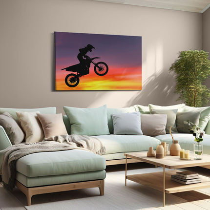Canvas schilderij woonkamer Silhouet Van Een Motorcross In De Lucht 