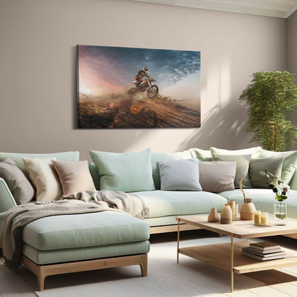 Canvas schilderij woonkamer Motorcross Op Een Heuvel Bij Zonsondergang