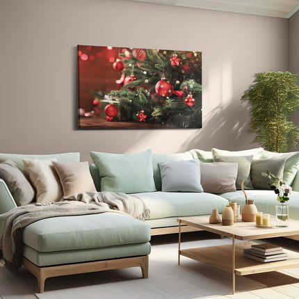 Canvas schilderij woonkamer Kerstboom Met Rode Lichtjes En Kerstballen