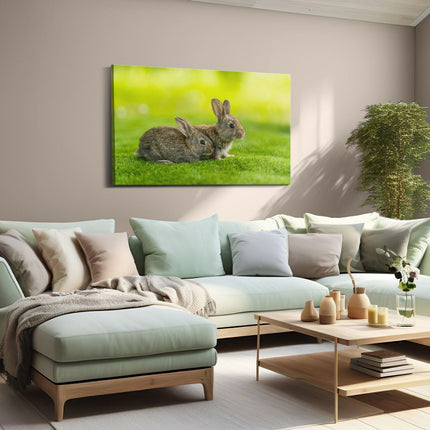 Canvas schilderij woonkamer Twee Konijnen Op Het Groene Gras