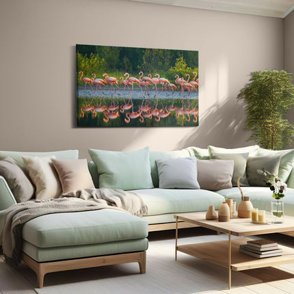 Canvas schilderij woonkamer Kudde Flamingo's op het Water