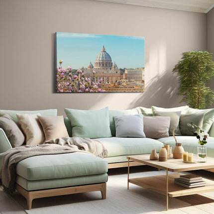 Canvas schilderij woonkamer Sint Pietersbasiliek in Rome met Bloemen