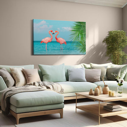 Canvas schilderij woonkamer Twee Flamingo's in een Hart Vorm in het Water