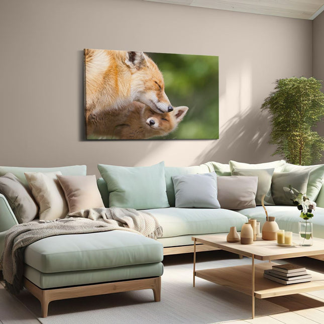 Canvas schilderij woonkamer Moeder Vos met haar Welp 