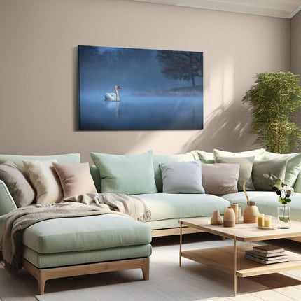 Canvas schilderij woonkamer Zwaan op het Water tussen de Mist